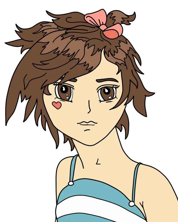 a girl with a bow on her head, inspired by Yuki Ogura, deviantart, brown messy hair, cartoonish vector style, she has a distant expression, aerith gainsborough