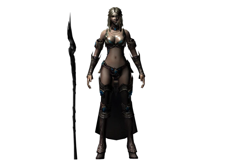 a woman with a sword standing in front of a black background, by senior character artist, zbrush central contest winner, fantasy art, bikini armor, ingame image, bronze skin, high res render