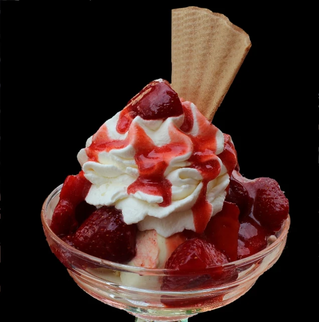 an ice cream sundae with strawberries and whipped cream, by Kiyoshi Yamashita, renaissance, ice cream cones, red and white color theme, 1 2 0 mm, stroopwaffel