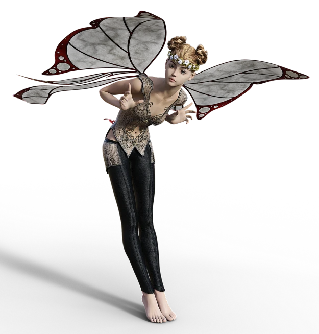 a woman dressed as a fairy flying through the air, a 3D render, inspired by Anne Stokes, on a black background, steampunk butterfly, evil standing smiling pose, geisha prima ballerina