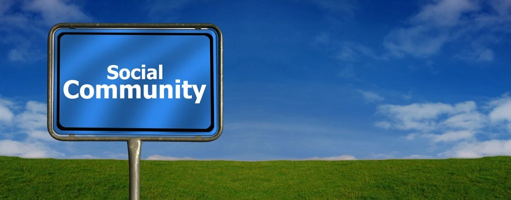 a blue sign with the word social community on it, digital art, trending on pixabay, new objectivity, infinity pool mirrors, blue sky and green grassland, website banner, an empty liminal space