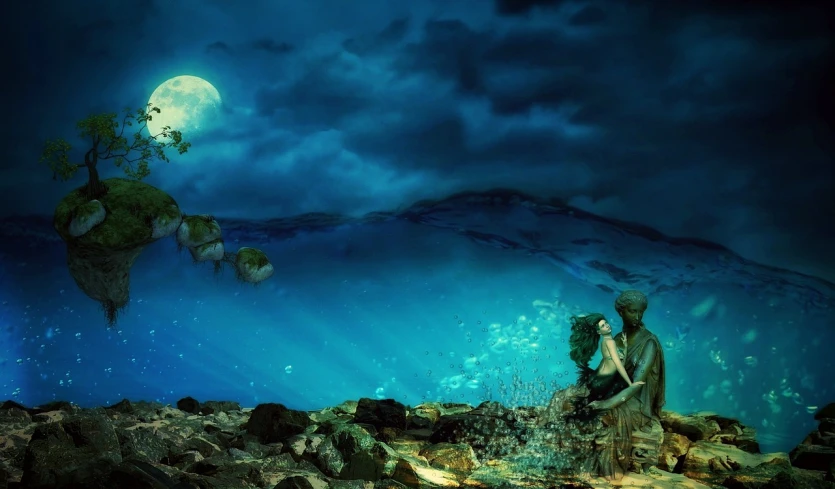 a statue sitting on top of a rock next to a body of water, digital art, inspired by Alexander Jansson, deviantart, underwater in the ocean at night, beautiful moon light, background image, emma watson as sea mermaid