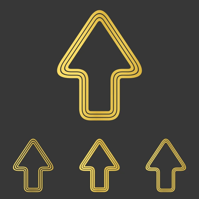 a set of four golden arrows on a black background, travel upwards, rounded lines, complete scene, cone shaped