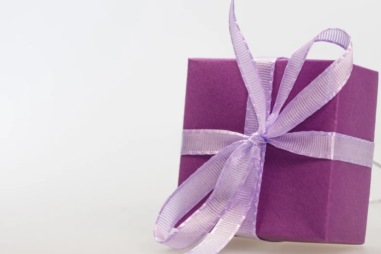 a purple gift box tied with a purple ribbon, by Eden Box, pixabay contest winner, modernism, left profile, sandra chevier, etsy, 25 years old