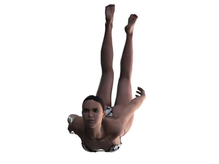 a woman that is upside down in the air, a raytraced image, realistic bikini, perfect human female specimen, submerged, ingame