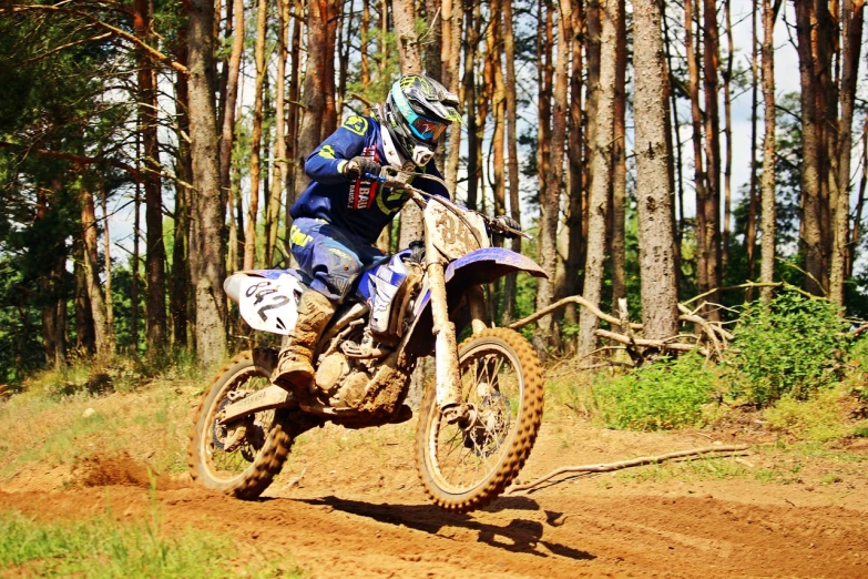 a man riding on the back of a dirt bike, a photo, by Ivan Grohar, flickr, against the backdrop of trees, in a race competition, high details!, wooden