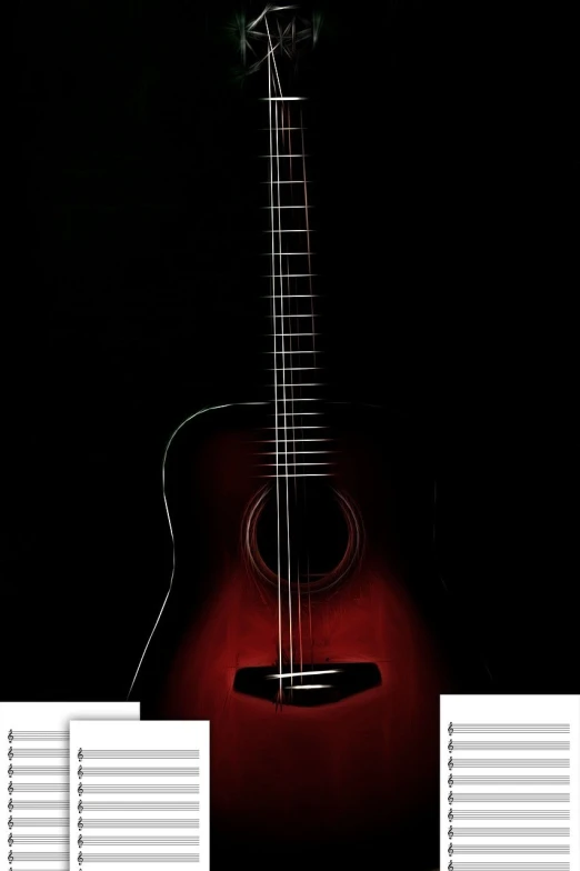 a close up of a guitar on a black background, a digital painting, by Eugeniusz Zak, digital art, gradient dark red, full view blank background, phone photo, shot on nikon d 3 2 0 0
