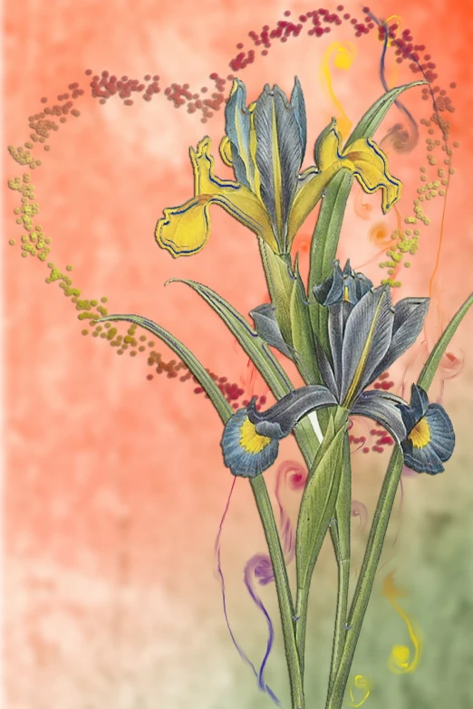 a painting of a bunch of flowers in a vase, a digital rendering, inspired by Carpoforo Tencalla, art nouveau, watercolor background, focus on iris, intricate ink painting detail, with yellow flowers around it