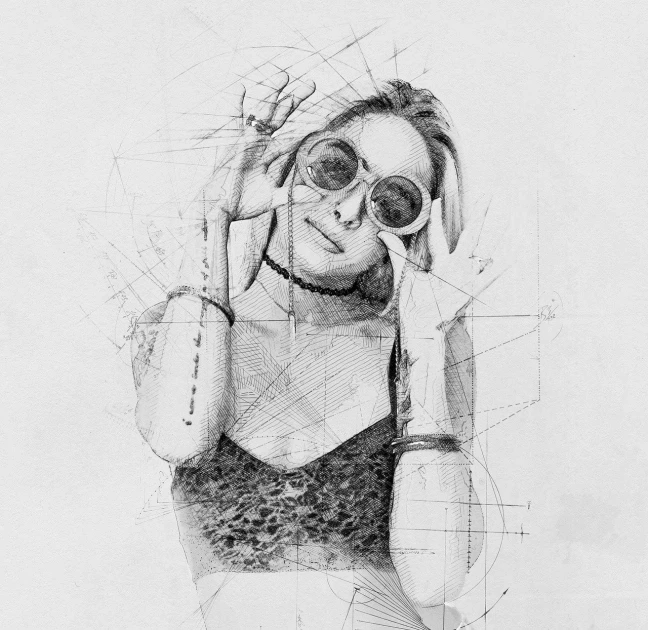 a black and white drawing of a woman with sunglasses, a pencil sketch, by Adam Marczyński, behance, fine art, geometric golden ratio details, 2 0 5 6 x 2 0 5 6, woman posing, grunge art