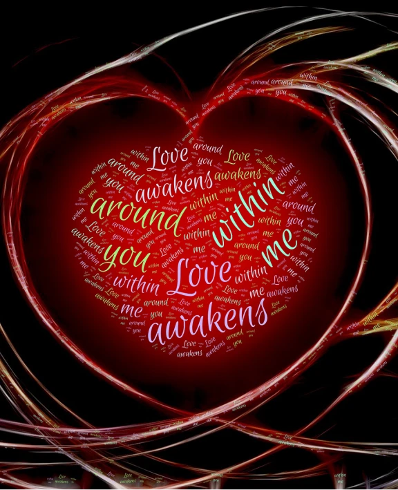 a heart shaped word cloud on a black background, a digital rendering, by Gwen Barnard, romanticism, glowing spiral background, audince in awe, lovers melting into bed, red wires wrap around