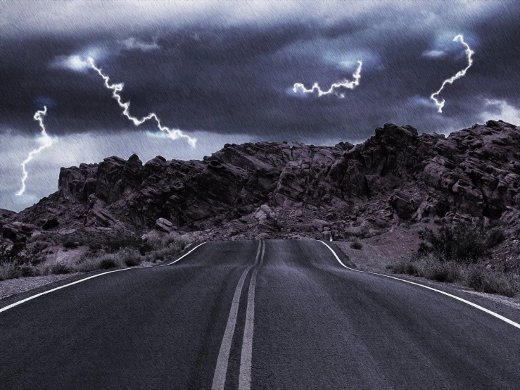 a road in the middle of a desert under a cloudy sky, a matte painting, inspired by Ansel Adams, pexels, realism, stormy sky with thunders, fork lightning, with jagged rocks and eerie, drawn with photoshop