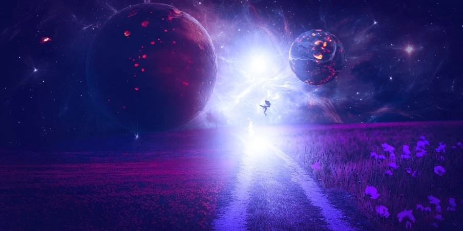 a person standing on a road in the middle of a field, digital art, inspired by tomasz alen kopera, red and purple nebula, orbs, lensflares, esoteric equation heaven