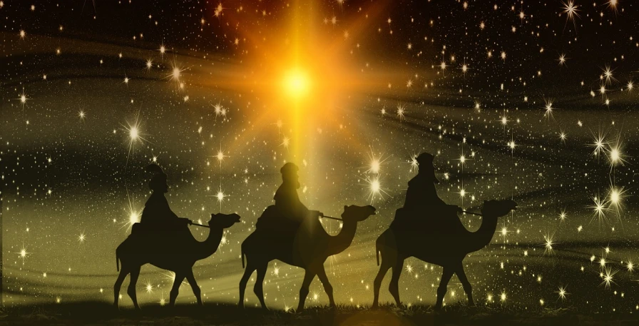 three people riding on the backs of three camels, digital art, by Krzysztof Boguszewski, shutterstock, digital art, golden heavenly lights, epiphany, twinkling stars, closeup photo