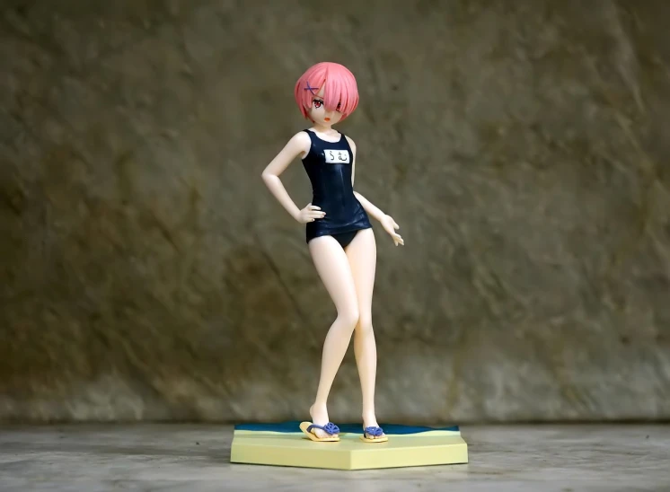 a figurine of a woman in a bathing suit, inspired by Rei Kamoi, cute girl with short pink hair, she is wearing a black tank top, full body pictures, girl graceful