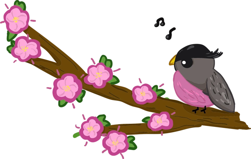 a bird sitting on a branch with pink flowers, inspired by Awataguchi Takamitsu, deviantart contest winner, musical, black main color, loosely cropped, cute:2