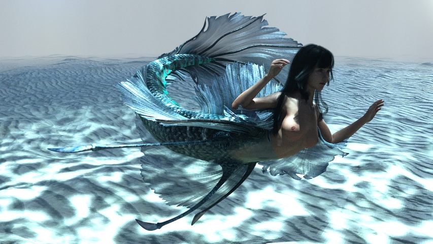 a mermaid sitting on top of a body of water, a raytraced image, deviantart contest winner, various lacivious seducing poses, long flowing fins, close up shot, highly realistic”