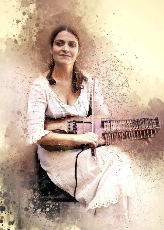 a woman in a white dress playing a musical instrument, a colorized photo, inspired by Girolamo Muziano, renaissance, ashoka tano, painterly illustration, rustic, portrait illustration