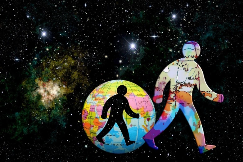 a man that is standing next to a ball, by Jon Coffelt, trending on pixabay, digital art, astronaut with a chimpanzee, travelers walking the streets, star map, rollerskaters