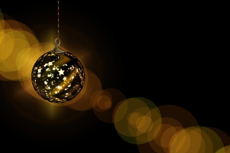 a christmas ornament hanging from a string, a digital rendering, black gold color scheme, glowing light, stars shining, coherent photo