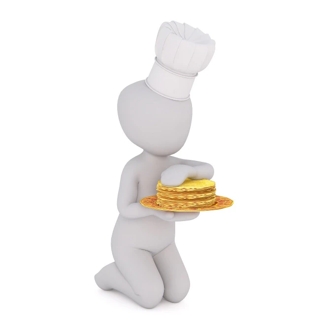 a person in a chef's hat holding a stack of pancakes, a digital rendering, pixabay contest winner, figuration libre, stock photo, fully body photo