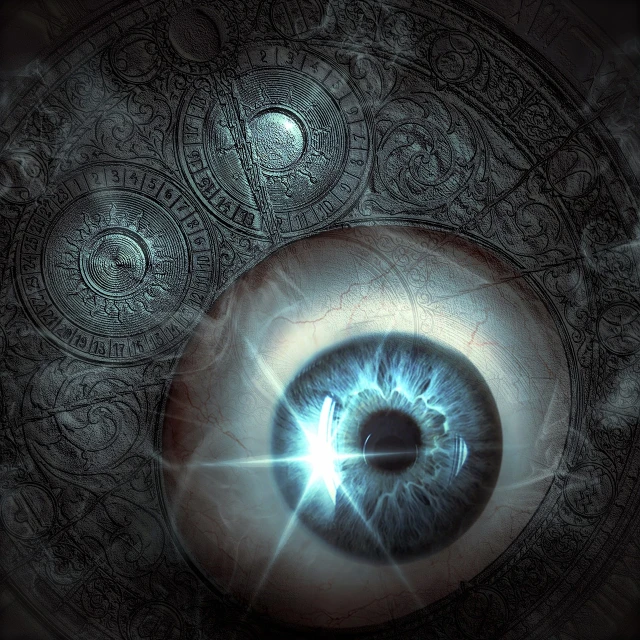 a close up of a circular object with a blue eye, digital art, by Aleksander Gierymski, zbrush central contest winner, digital art, fractal tarot card style, high quality fantasy stock photo, ancient biomechanical temple, lasers shooting out of eyes