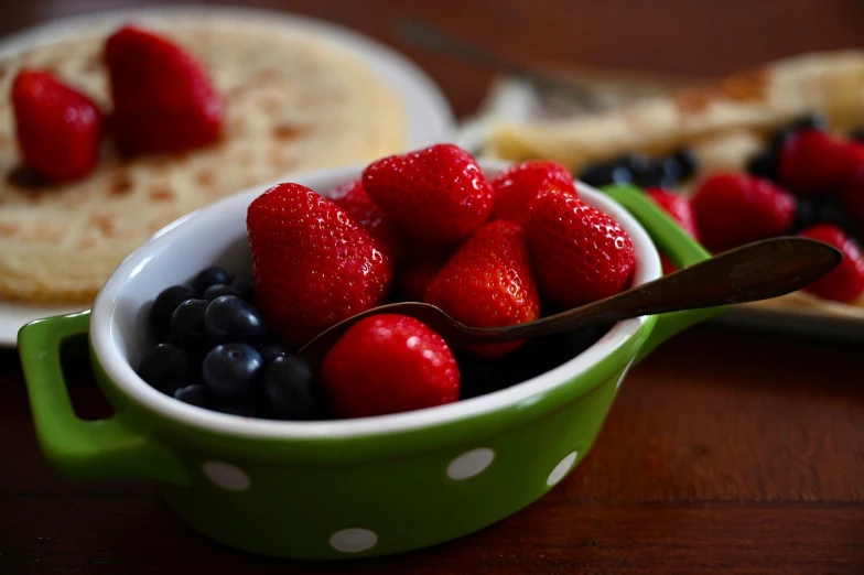 a bowl of strawberries and blueberries next to a plate of pancakes, a portrait, taken with canon eos 5 d, 3 4 5 3 1, bowl