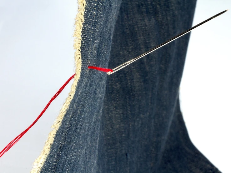 a pair of jeans being sewn together with a needle, by Shigeru Aoki, flickr, glowing - thin - wires, hoog detail, hurt, helpful