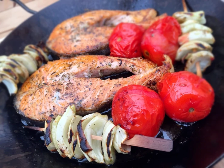 a close up of a plate of food on a table, by Niko Henrichon, dau-al-set, grills, salmon, ratatouille style, !!natural beauty!!