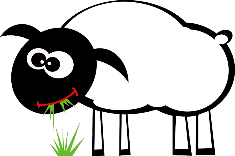 a black and white sheep eating some grass, a cartoon, by Konrad Krzyżanowski, pixabay, an eye, smiling, minimalist, malika favre