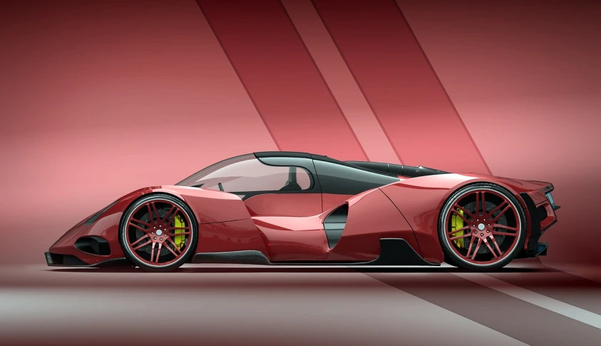 a red sports car sitting on top of a red floor, inspired by Bernardo Cavallino, trending on polycount, altermodern, vertical wallpaper, veneno, hyperbeast design, 3/4 side view