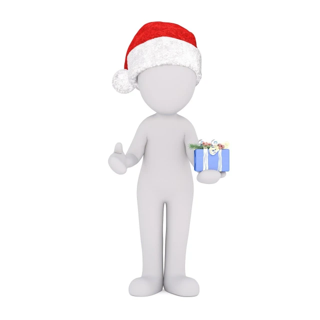 a person in a santa hat holding a present, a 3D render, figuration libre, thumbs up, clean photo, stick figure, official product photo