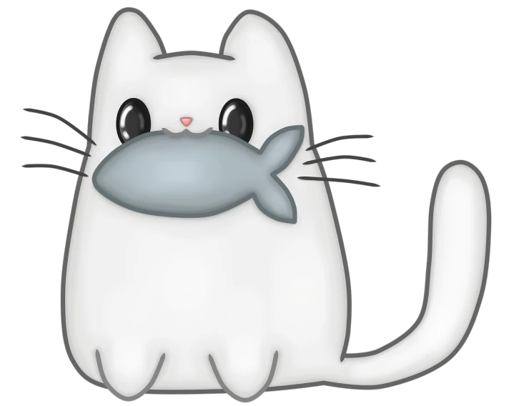 a white cat with a fish in its mouth, a digital rendering, tumblr, mingei, fat chibi grey cat, john egbert, ussg ishimura, !!!! cat!!!!