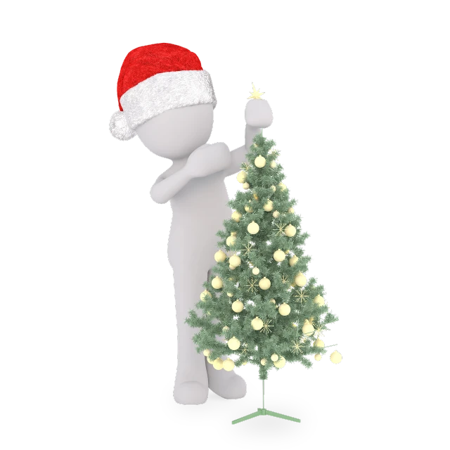 a person in a santa hat decorating a christmas tree, a raytraced image, inspired by Ernest William Christmas, pixabay, figuration libre, gray anthropomorphic, with professional lighting, - h 1 0 2 4, handmade