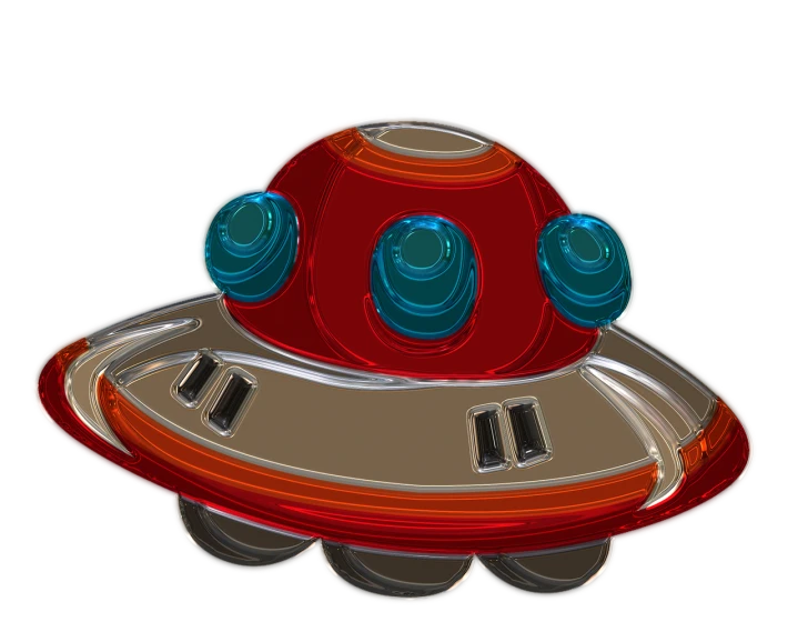 a close up of a toy on a black background, a digital rendering, retrofuturism, flying saucer, chrome red, cartoonish and simplistic, rounded roof