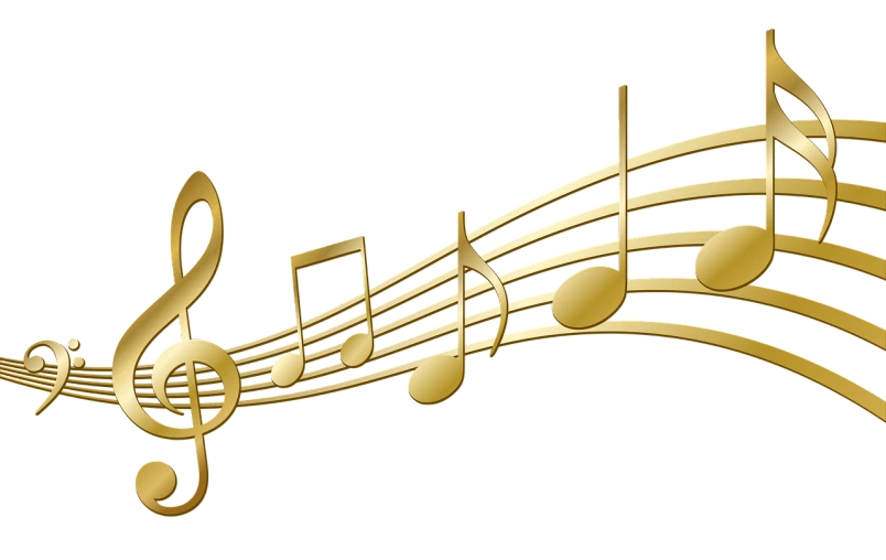 a group of golden musical notes on a black background, a digital rendering, pixabay, shaded, long, an instrument, gold foil