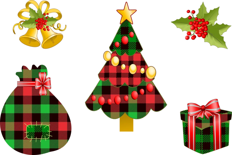 a collection of christmas decorations on a black background, by Carol Sutton, pixabay, digital art, tartan garment, trees!!, with small object details, half image