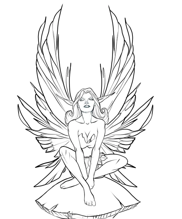 a black and white drawing of a woman with wings, lineart, trending on pixabay, fantasy art, sitting pose, colored in, beautiful adult fairy, emma frost