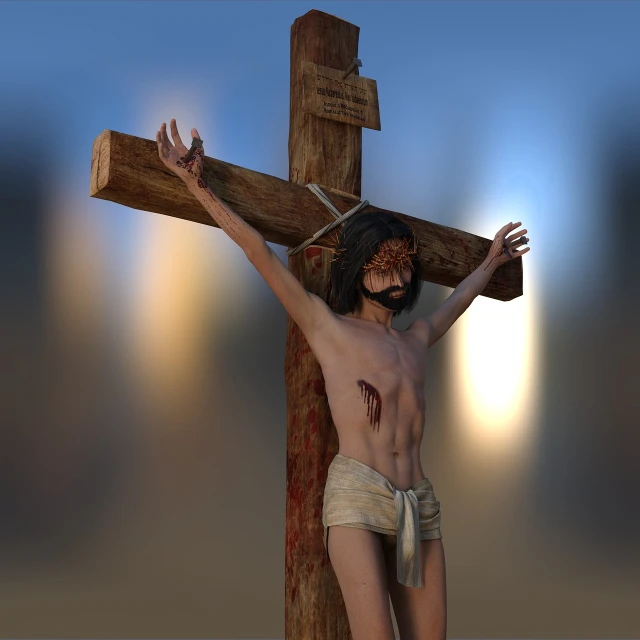a close up of a person on a cross, a 3D render, pixabay, massurrealism, lecherous pose, wounded, religión, iray