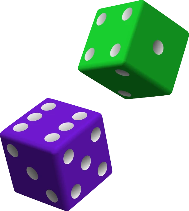 two green and purple dice sitting next to each other, a digital rendering, isometric top down left view, clip art, flying, various colors