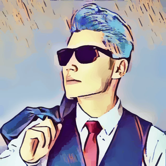 a man in a vest and tie holding a gun, vector art, digital art, messy blue hair, weather report style, beatufil painting, with sunglass