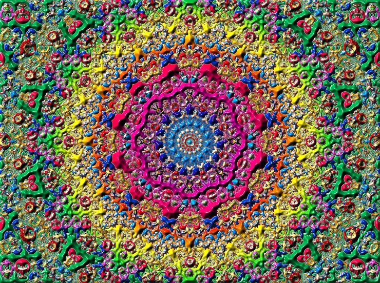 a close up of a colorful pattern on a surface, inspired by Benoit B. Mandelbrot, flickr, psychedelic art, magic eye style poster, hippie pad, rainbow, jeweled