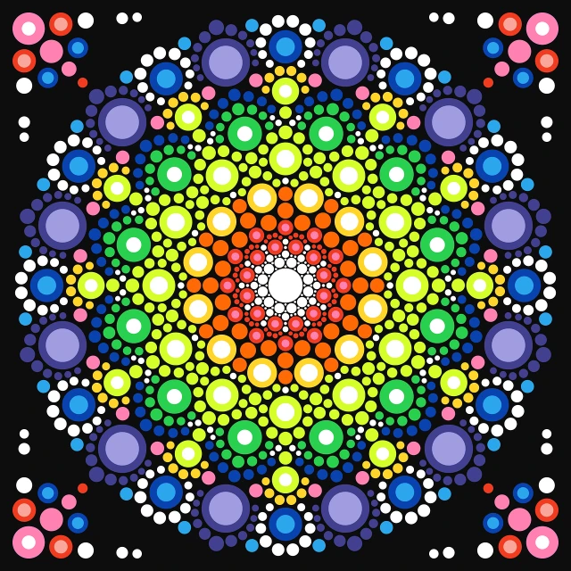 a colorful dot dot dot dot dot dot dot dot dot dot dot dot dot dot dot dot, pointillism, mandala white bones, bright on black, full of colour 8-w 1024, flowercore