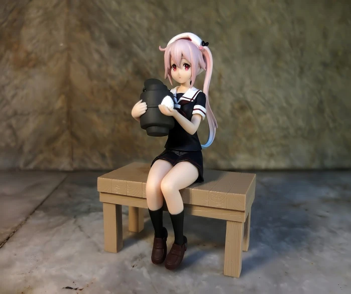 a figurine of a girl sitting on a bench, inspired by Kaii Higashiyama, polycount contest winner, holding a tankard of ale, haruno sakura, [ 4 k photorealism ], with headphones