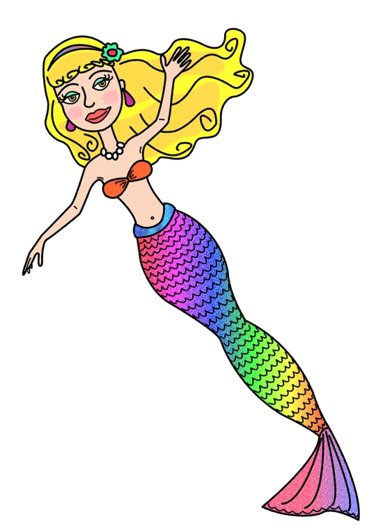 a cartoon mermaid with a colorful tail, inspired by Lisa Frank, pop art, on black background, she has blond hair, full body illustration, colored accurately