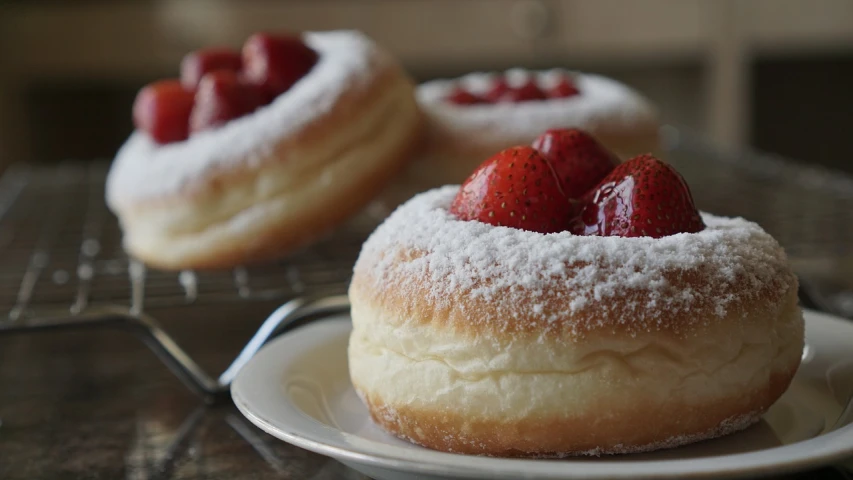 a couple of pastries sitting on top of a white plate, by Dietmar Damerau, flickr, romanticism, blender donut tutorial, strawberries, thick lining, creamy skin