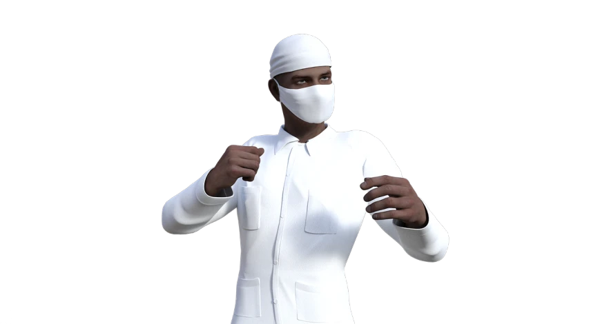 a man in a white suit and mask giving a thumbs up, inspired by Doc Hammer, zbrush central contest winner, digital art, nurse scrubs, black man, 3 d render n - 9, fighting posture