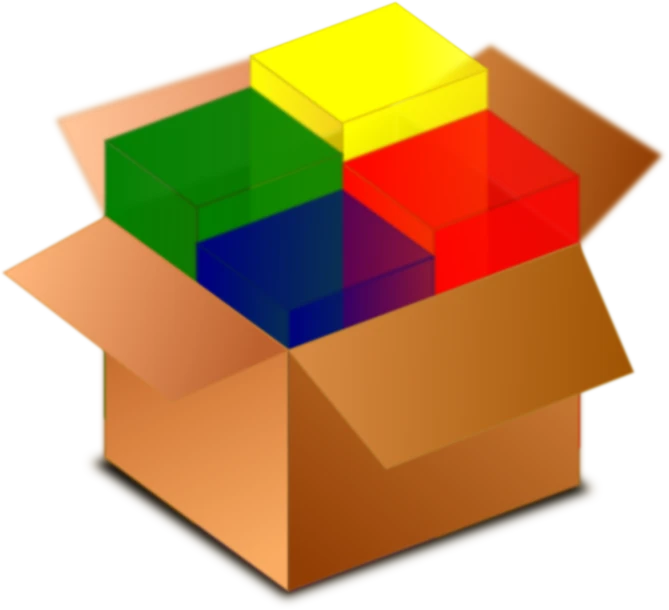 a box with four different colored cubes in it, a picture, flickr, computer art, clipart icon, art materials, lego, delivering parsel box