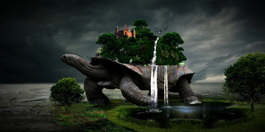 a large turtle standing on top of a lush green field, inspired by Igor Morski, deviantart contest winner, fantasy art, magical castle, flying elephant, mobile wallpaper, on an island