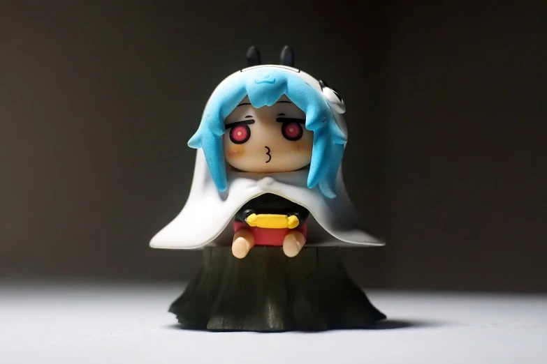 a close up of a figurine of a woman with blue hair, a character portrait, inspired by Kaigetsudō Anchi, unsplash, half invoker half megumin, horrified, chibi style, pvc poseable