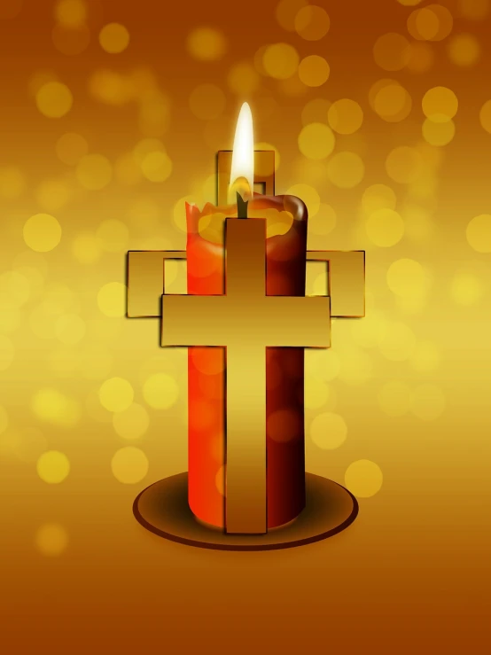 a lit candle with a cross on top of it, a digital rendering, art deco, gold and red metal, basic photo, yellow glowing background, in the middle of the day